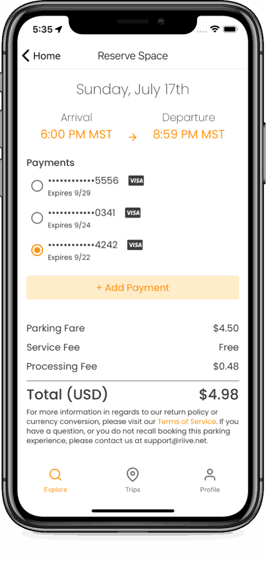 Checkout screen on Riive